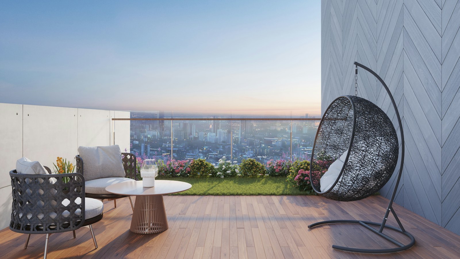 City-view balcony with a hanging chair, lounge seating and wooden deck flooring