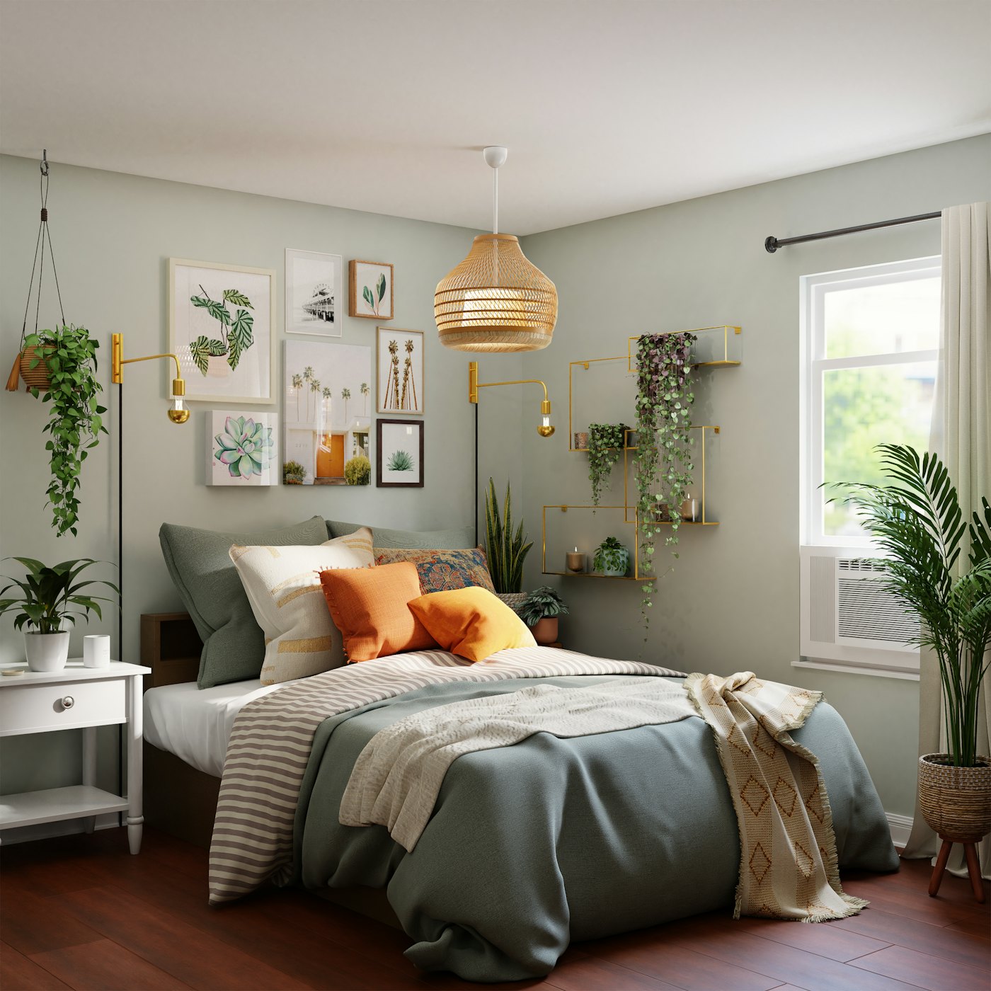 Bedroom with a rattan pendant, layered textiles and plants