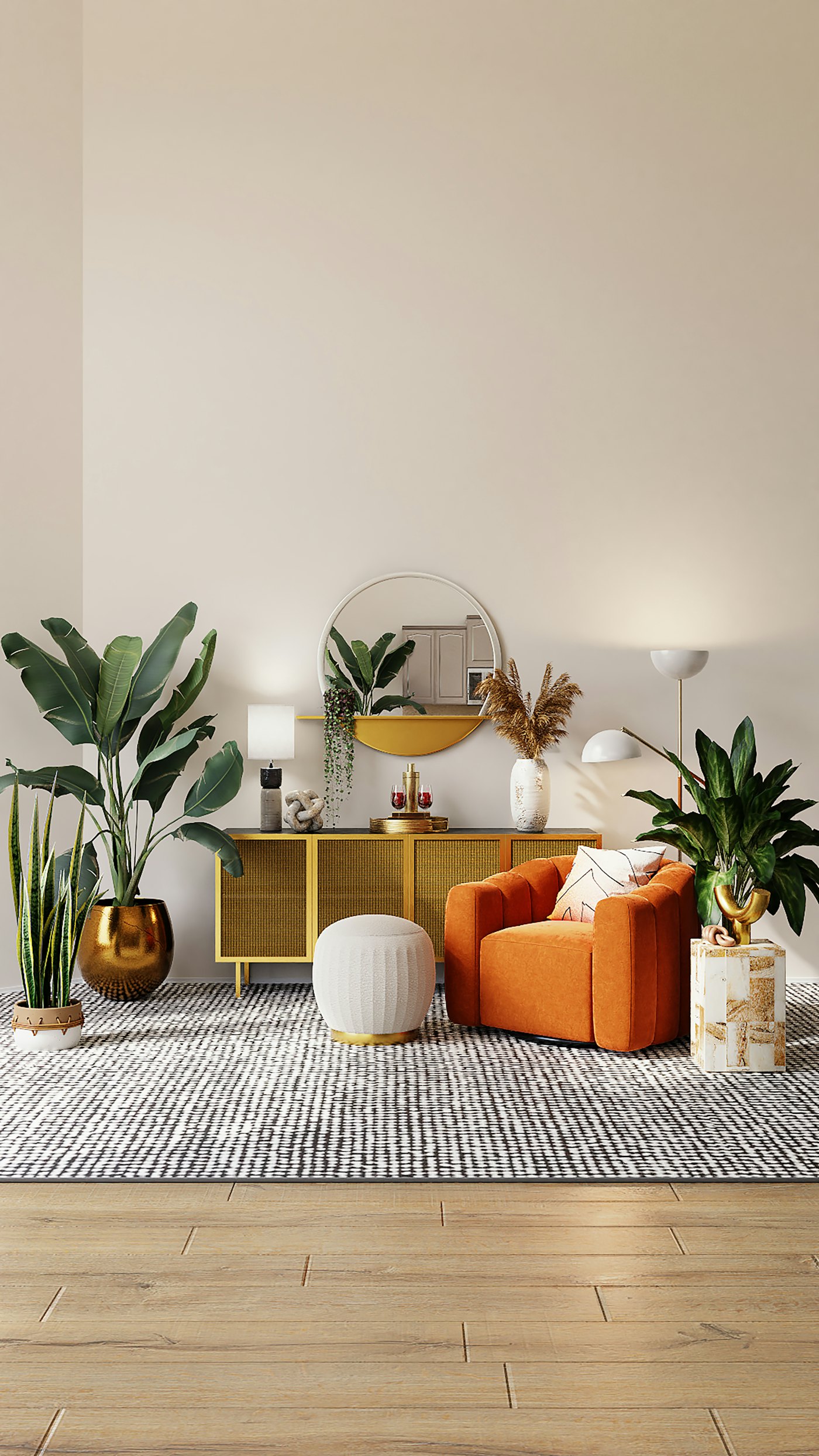 Walnut sideboard with an orange accent chair and round mirror