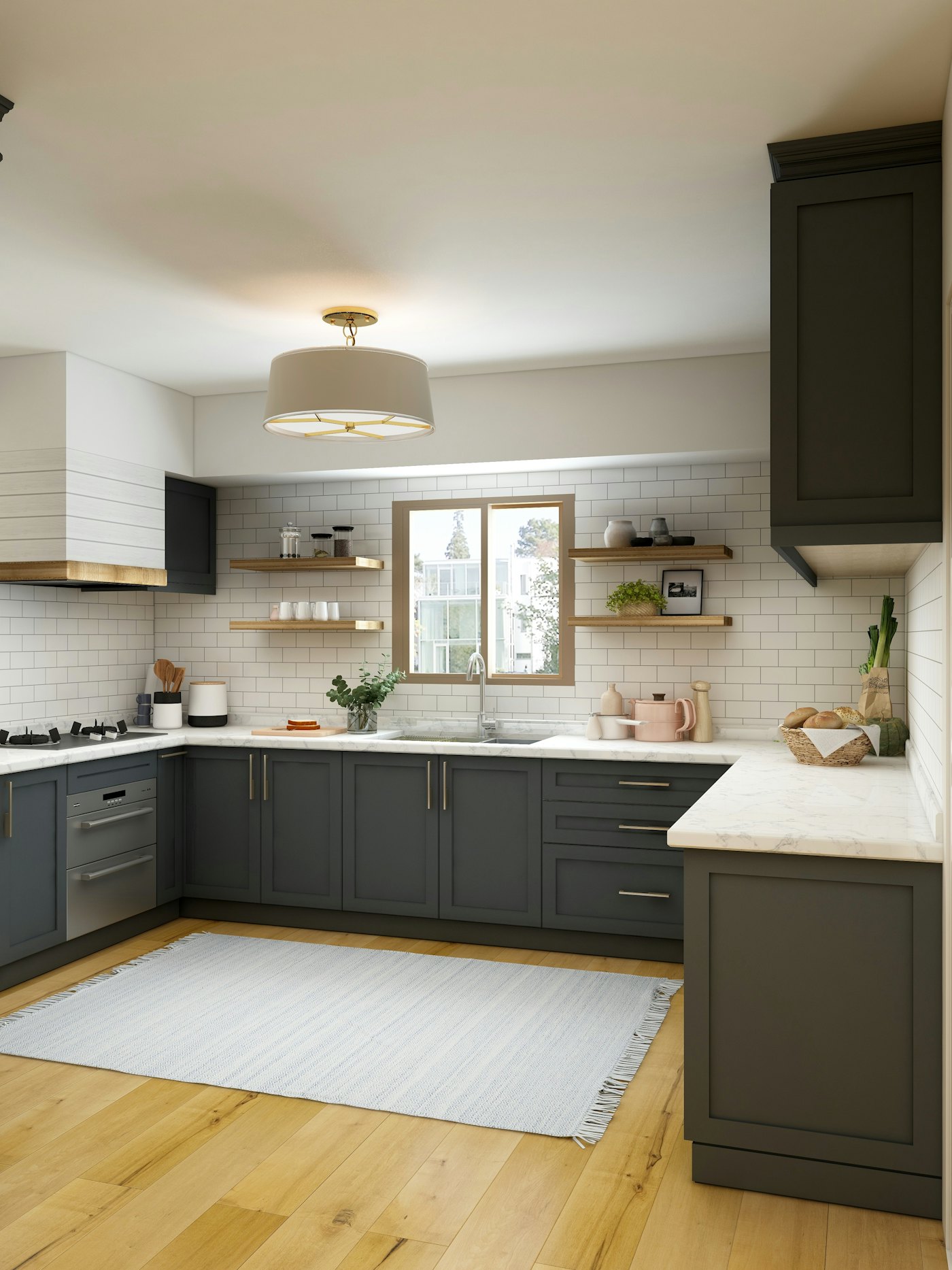 L-shaped kitchen with navy lower cabinets, open shelving and white tiles