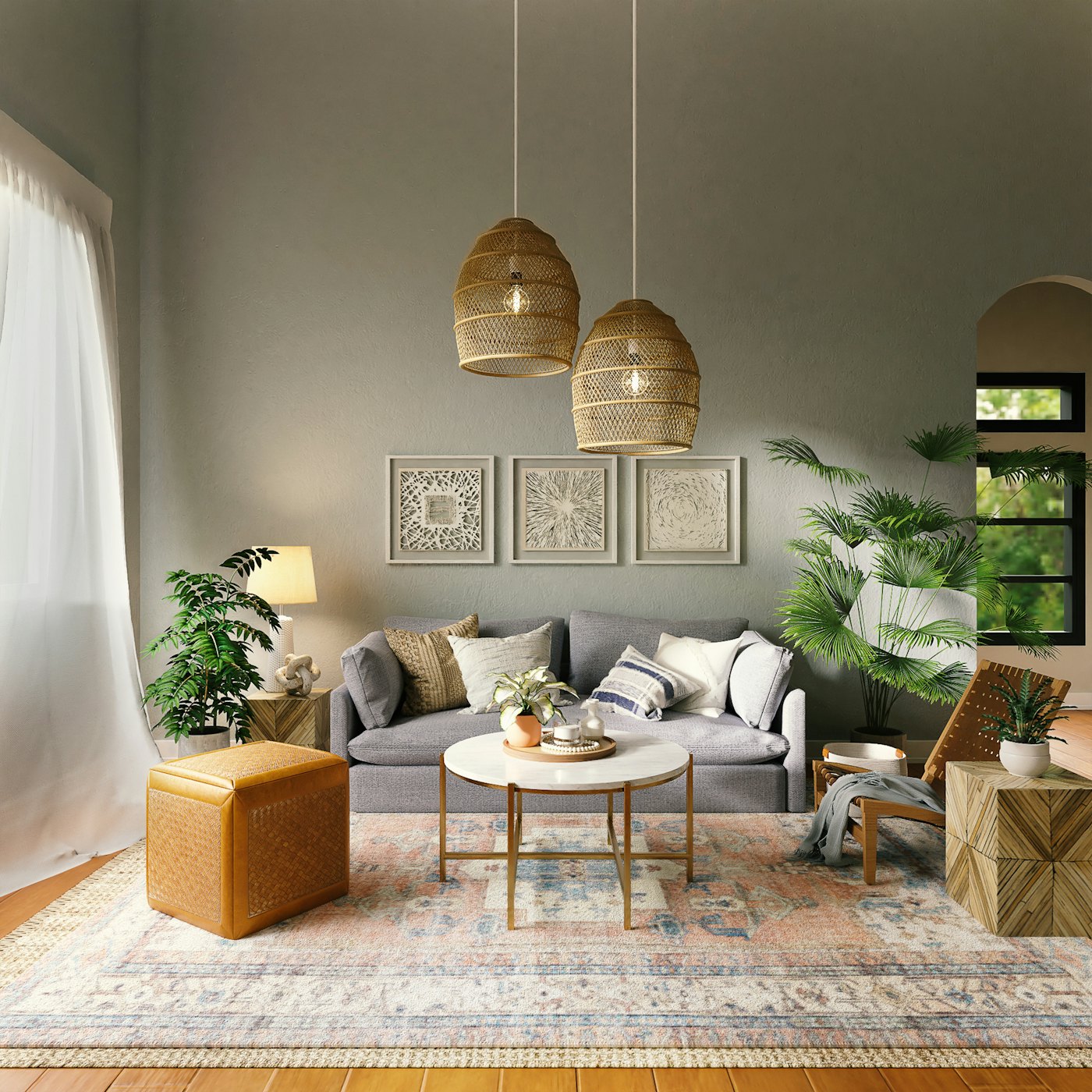 Living room with a grey sofa, rattan pendant lights and a gallery wall