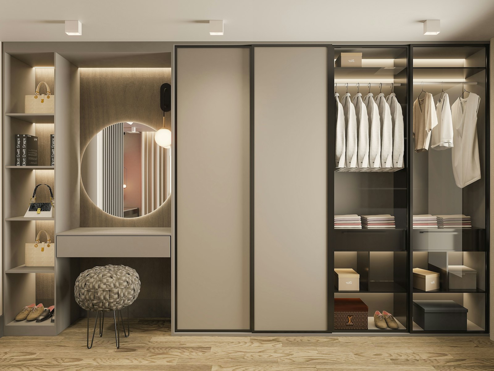Sliding wardrobe with a lit glass section beside a dressing unit with a round backlit mirror